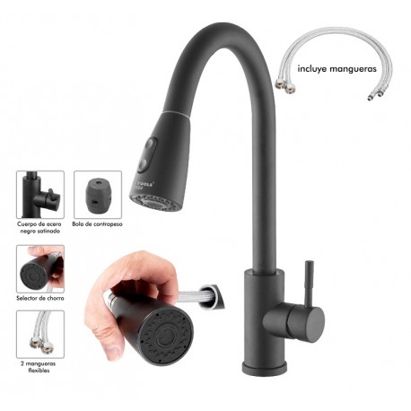 Mezcladora monomando p/ fregadero cuello extraible color negro Lion Tools 3564